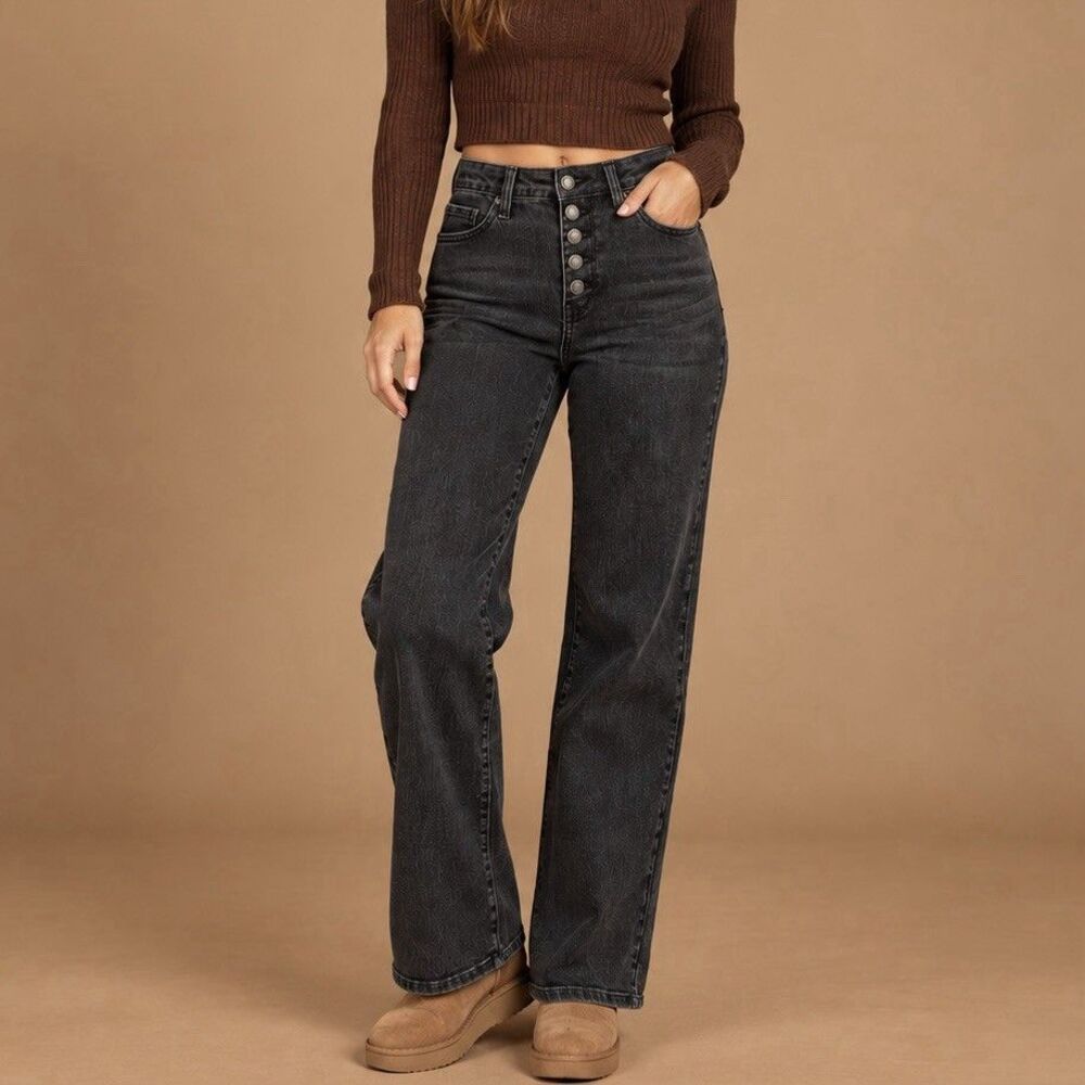 Judy Blue Jeans Womens 7/28 Black High Rise Wide Leg Button Fly Stretch